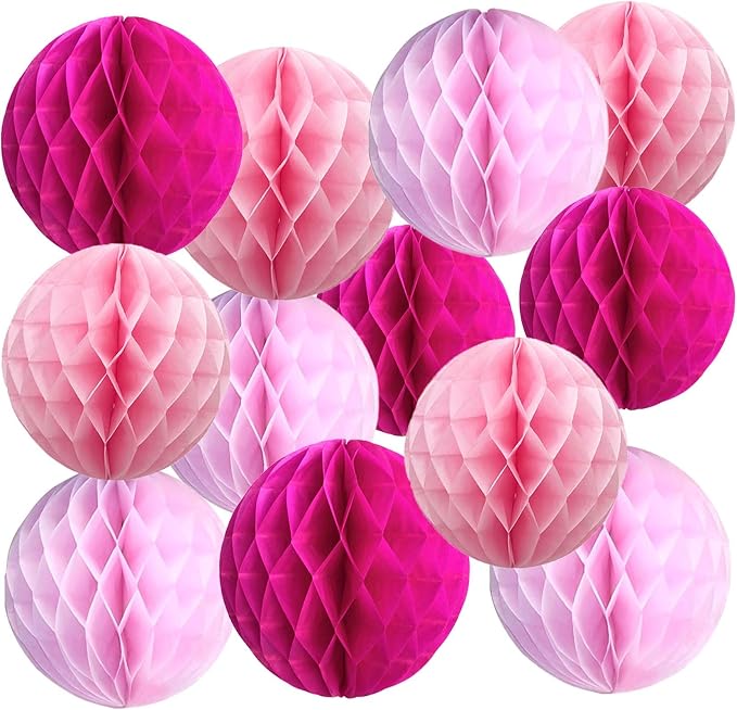 Pink Paper Honeycomb Balls, 6 and 10 inch Hanging Tissue Pompoms, 12 Pack Party by Unknown