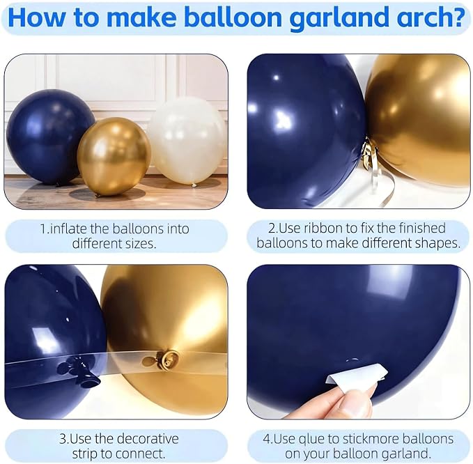 Navy Blue Gold Balloons Arch Kit, Double Stuffed Pearl White Blue Gold Chrome - Image 3