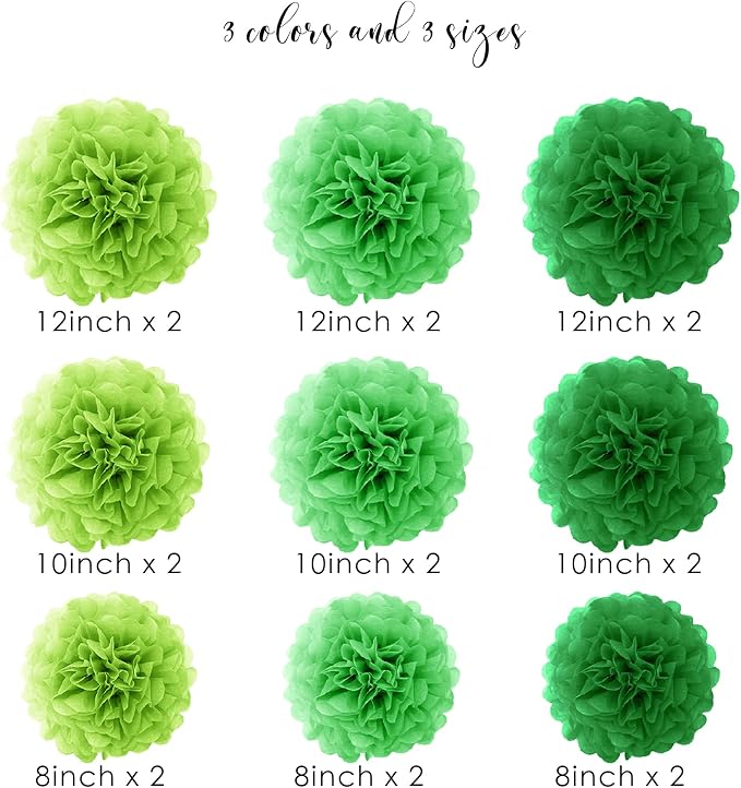 Bonbonhoo 18pcs Lucky Green Party Decoration Sets, Paper Pom Poms of 12in - Image 2