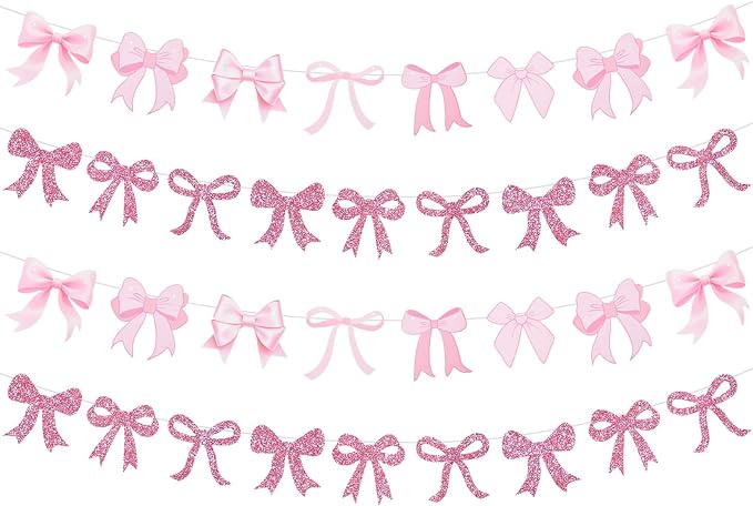4pcs Glitter Pink Bow Garland Banner Pre-Strung Pink Bow Theme Party Backdrop by RICHHHA