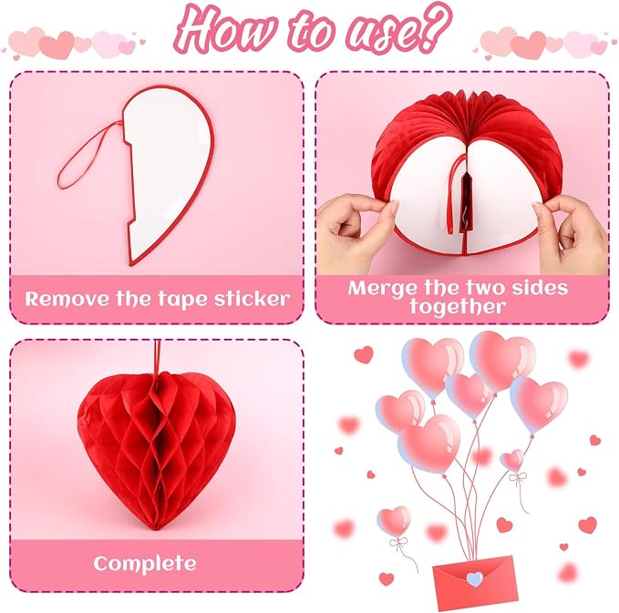 BOARDFEB 12PCS Valentine's Day Decorations, Heart Honeycomb Balls Hanging | Pink - Image 5