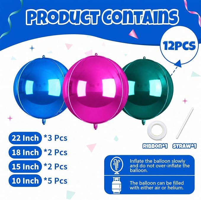 Biapian Green Pink Round Foil Balloons, Giant Dark Green Blue Metallic Balloons - Image 2
