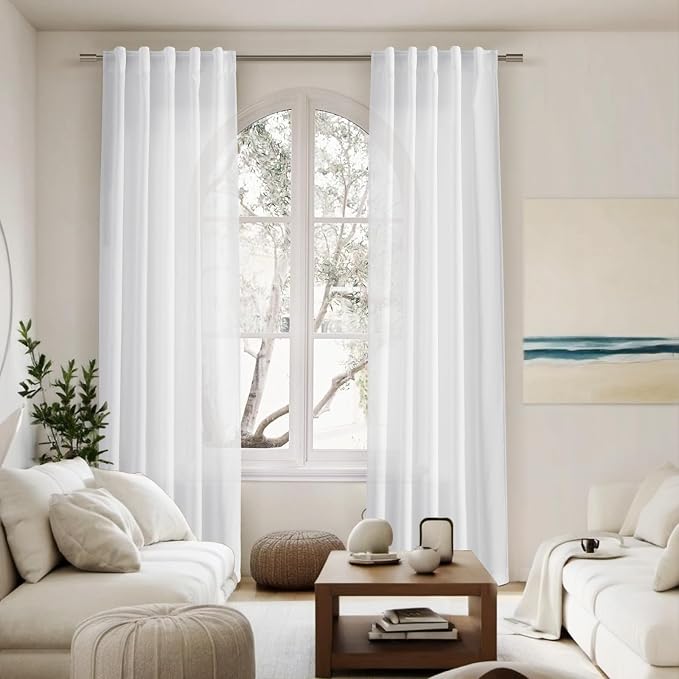 Linen White Curtains 96 Inches Long 2 Panels Set Back Tab Rod Pocket Semi Sheer - Image 7