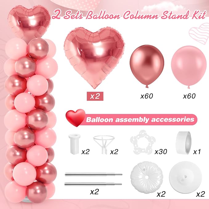Realspring 2 Sets Wedding Pink and Rose Heart Shape Balloons Column Stand Kit - Image 3