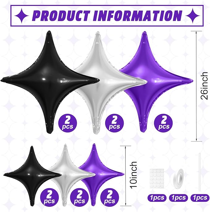 Black Purple Silver Star Balloons, 26Inch and 10Inch Black Silver Quadrangle - Image 2