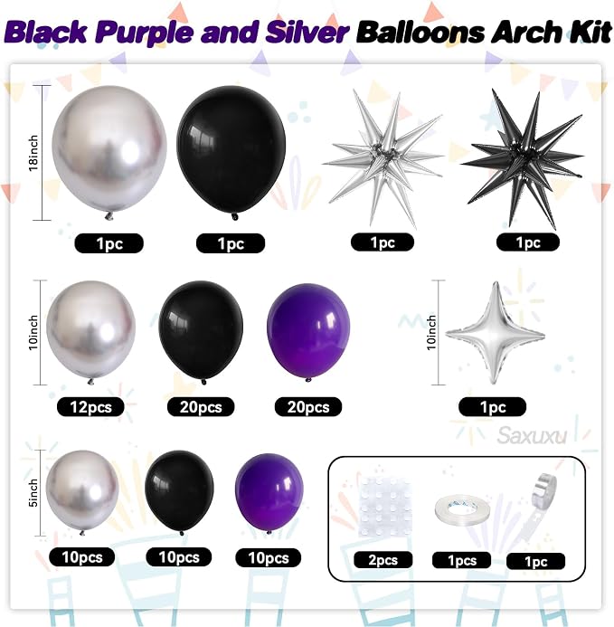 Purple Black Balloon Arch Kit, Sliver Star Foil Balloons - Image 2