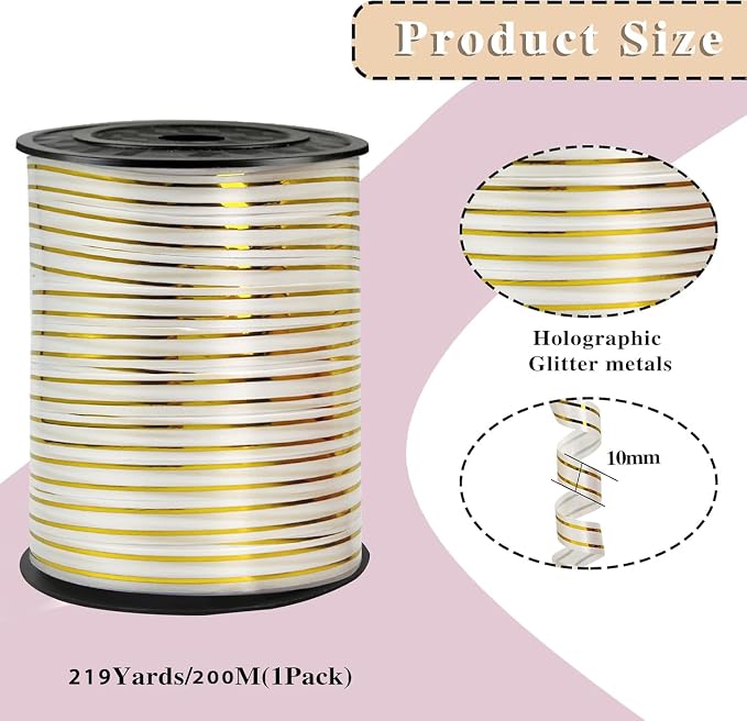 219 Yards Ribbon-White Gold Rimmed Balloon Curling Ribbons Balloon String - Image 2