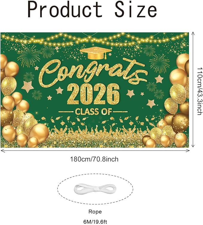 Green and Gold Graduation Decorations Congrats Class of 2026 Banner - Image 3