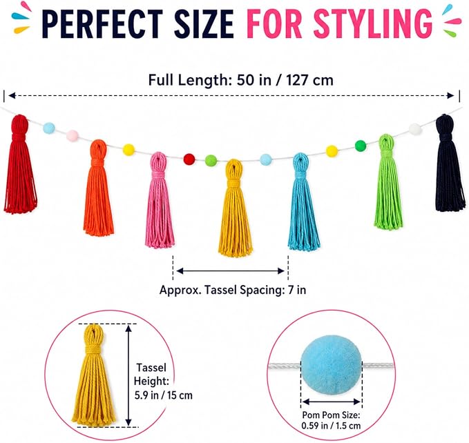 Syhood 3 Pcs Boho Tassel Garland Boho Rainbow Pom Pom Wall Decor Each 50'' - Image 6