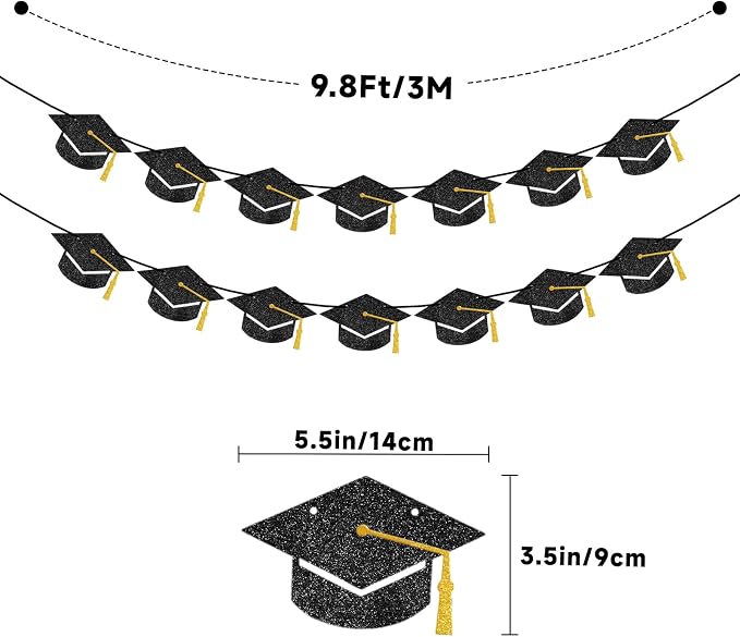 jijAcraft Black Gold Graduation Cap Banner, Glitter Grad Garland, 2 Pack 9.8ft - Image 2