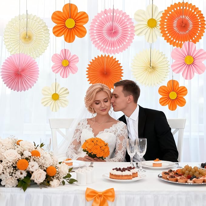 ADLKGG Orange Pink Floral Wall Backdrop, Groovy Sunset Party Decorations | 12 - Image 5