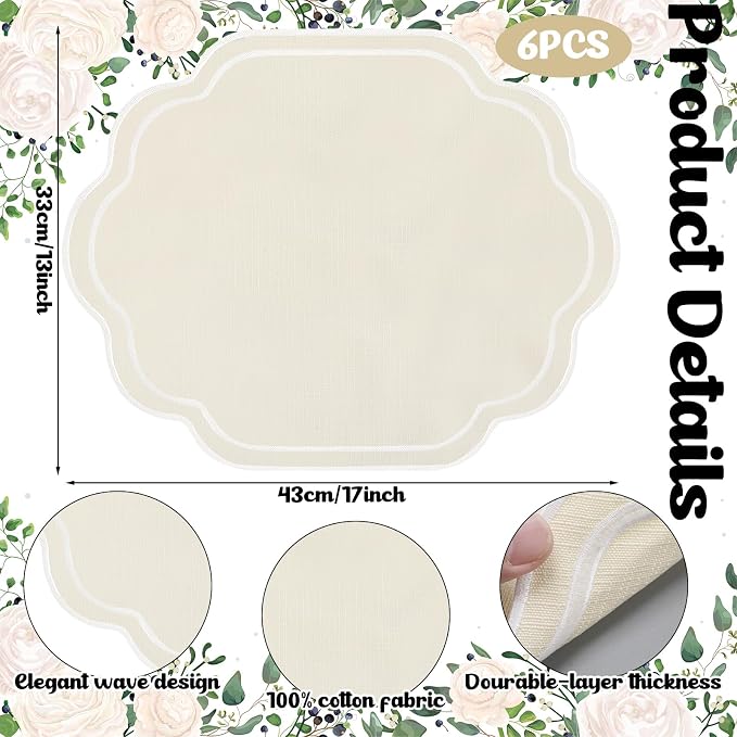 6 Pcs Beige Wedding Placemats Scalloped Embroidered Cotton Linen Placemats 17" - Image 2