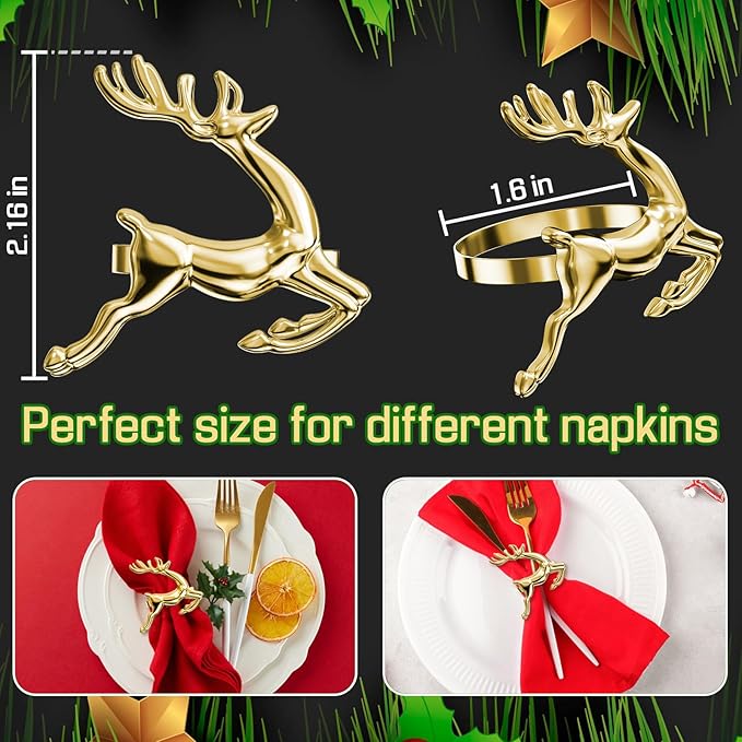 ZeeDix Gold Reindeer Christmas Napkin Rings Set of 8, Napkin Holder Ring for Christmas Dinner Table Decor Cloth Napkins, Wedding Receptions, Holiday Party, Banquet and Home Kitchen