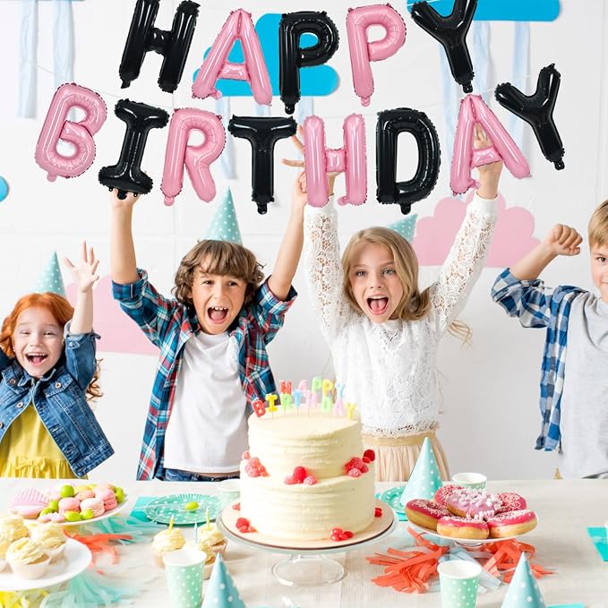 TONIFUL Black and Pink Happy Birthday Balloon Banner Decor - Image 3