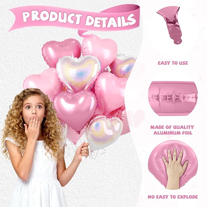 Pink and Silver Heart Balloons, 18 Inch Metallic Glitter Stars Foil Balloons - Image 3