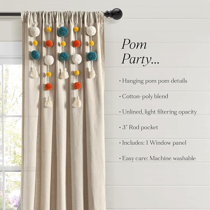 Lush Decor Boho Pom Pom Tassel Linen Textured Window Curtain Panel, Single 52" - Image 7