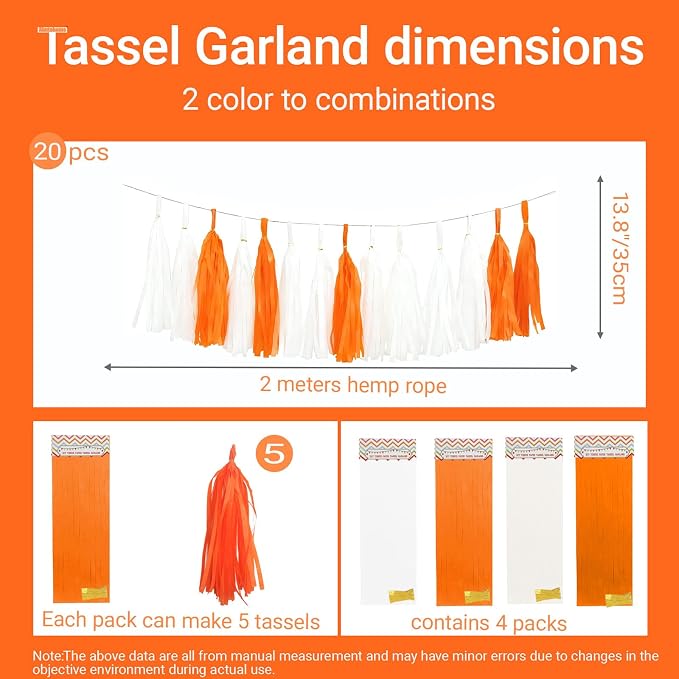 Orange White Tissue Paper Tassel, Baby Shower, Sport Game, Graduation, - Image 2