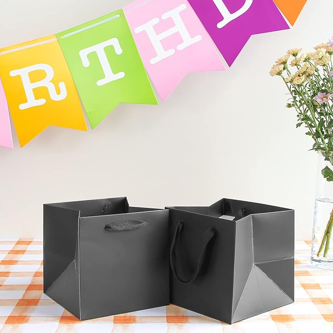 Black Paper Gift Bag Small Square Bottom Kraft Cardboard Paper Bags With Handles For Wedding, Baby Shower, Birtyday Party (Black, 6 x 6 x 6 in, 10 Pcs)