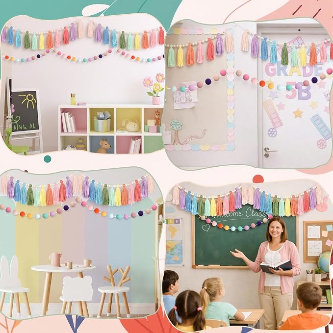 Tenceur Pastel Tassel Garland and Pom Pom Banner Set- 4 Pcs Rainbow Wall Decor - Image 5