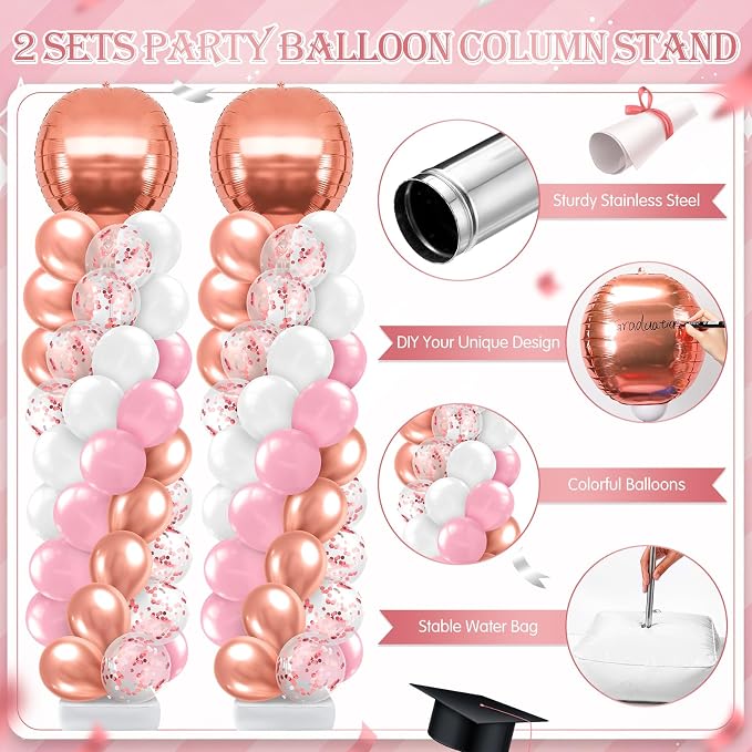 2 Sets Pink Rose Gold Balloon Column Stand Kit, Adjustable Floor Balloon Arch - Image 3