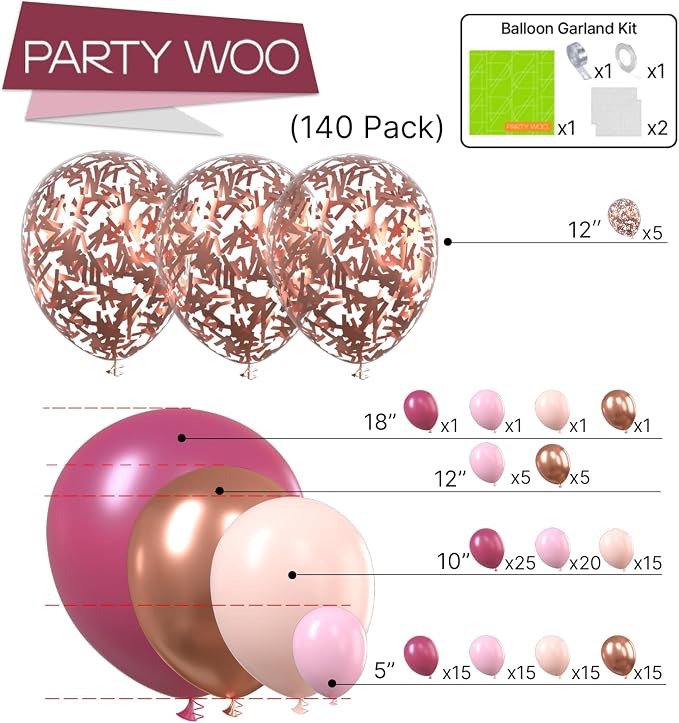 PartyWoo Rose Gold Pink Metallic Rose Gold Latex Balloon Arch Kit 140pcs | Rose - Image 2
