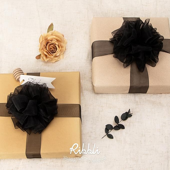 Ribbli Black Sheer Organza Ribbon,1 Inches x Continuous 50 Yard Use for Gift Wrapping,Bouquet Wrapping,Wedding Decoration,All Crafting and Sewing