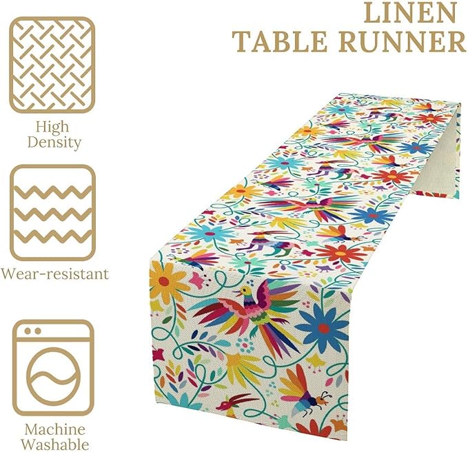 Mexican Table Runner,Boho Colorful Nature Inspired Flowers and Birds Table Cloth Kitchen Dining Table Home Party Decoration 13x120 Inch
