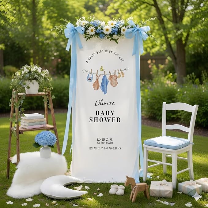 Personalized Baby Shower Banner, Neutral Minimalist Welcome Sign, Cotton Linen by Custom