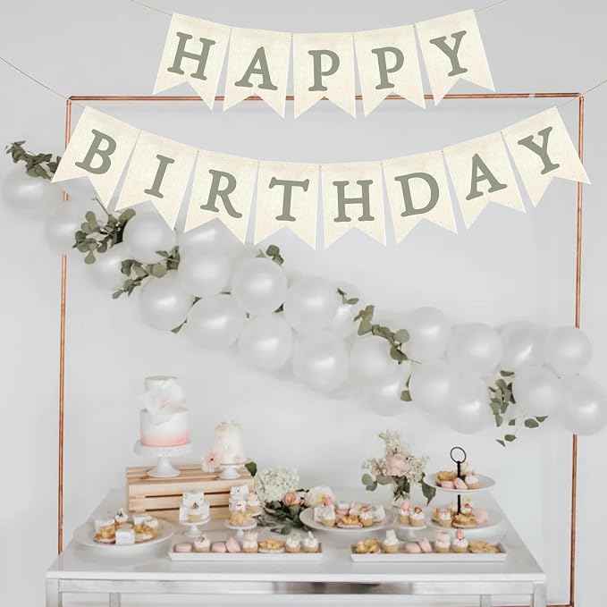 Green Happy Birthday Banner Sage Olive Pre-strung Burlap Bunting Party Backdrop - Image 5