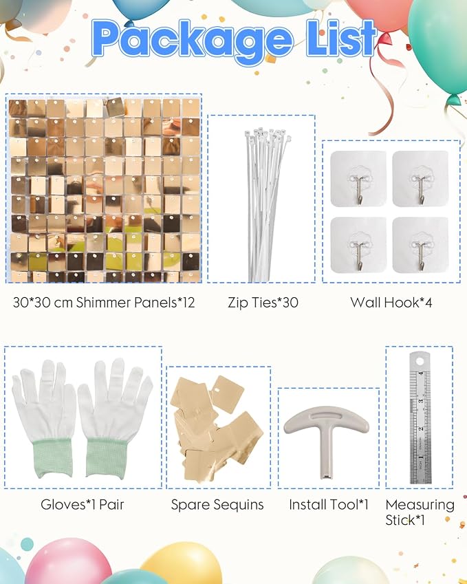 Light Gold Shimmer Wall Backdrop 12 Panels Cover 4 x 3 Ft, Photo Backdrops - Image 2