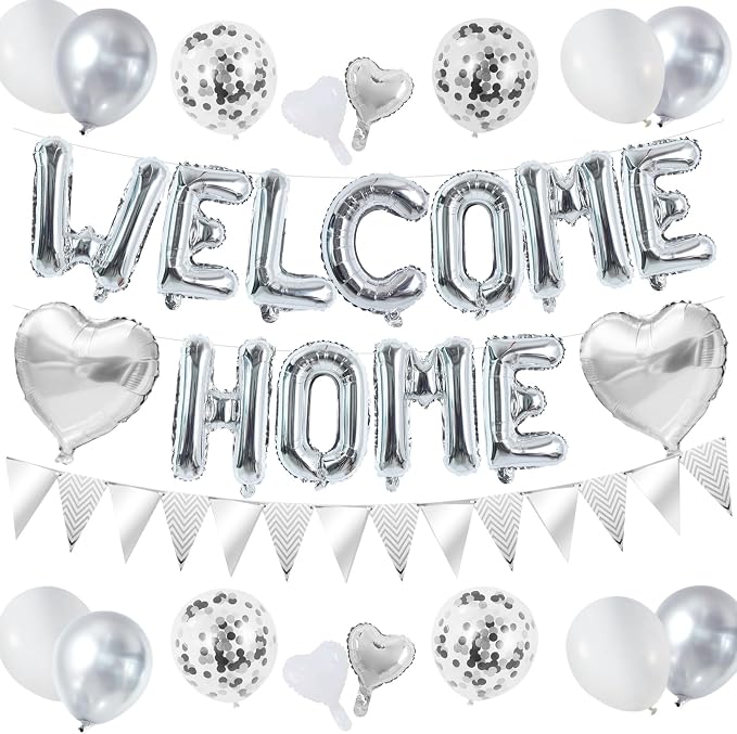 TONIFUL 16 Inch Silver Welcome Home Foil Letter Balloon Banner Decor Kit | by TONIFUL