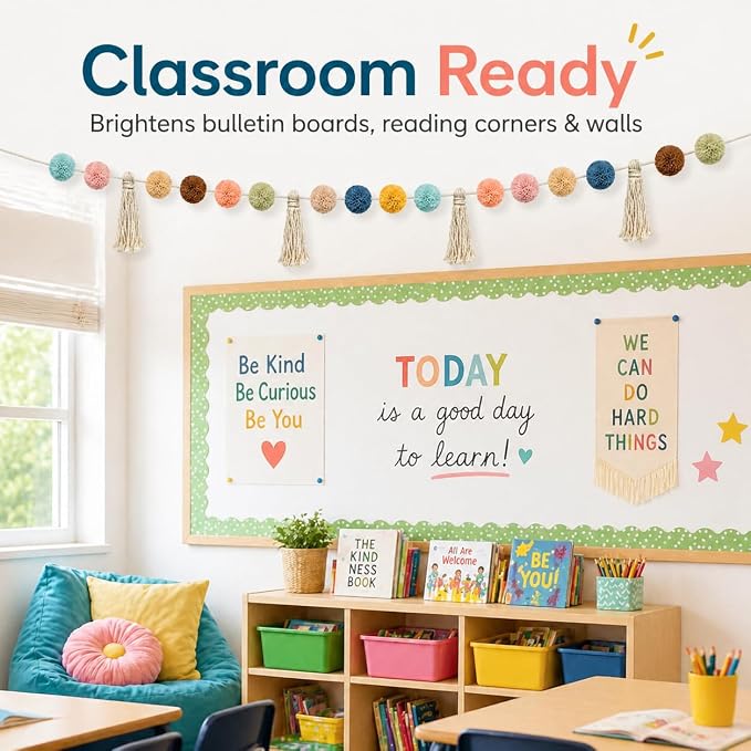 RAINFLOW Pom Pom Garland Decoration, 6.5FT Pre-Assembled Tassel Boho Pastel | - Image 2