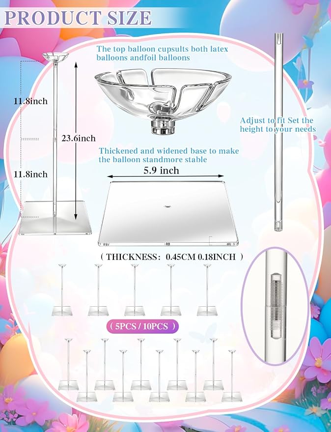 10 Pack Clear Acrylic Balloon Stand Kit, 23.6 Inch | Reusable Balloon Sticks - Image 2