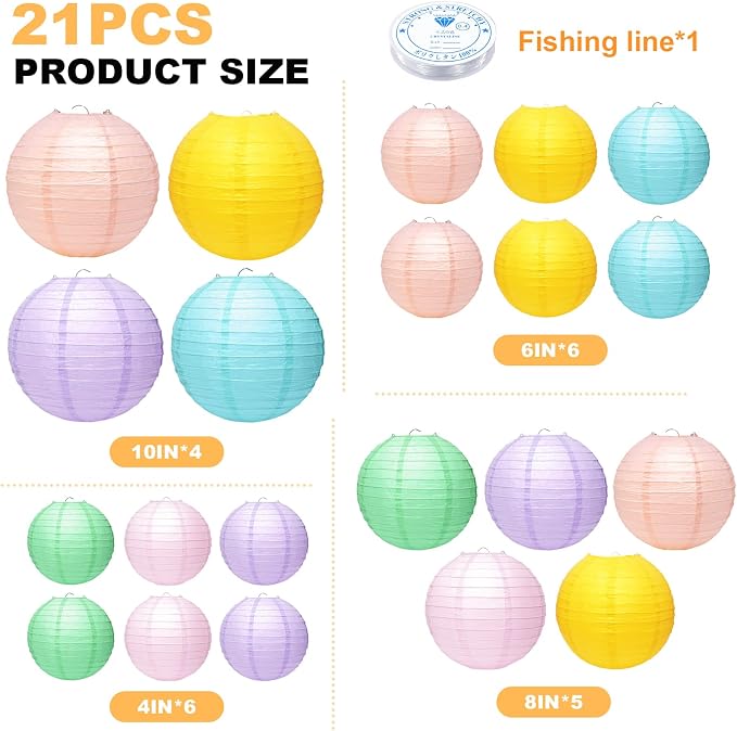 21Pcs Pastel Paper Lanterns, 4-10in 8 Colors, Hanging Decor - Image 2