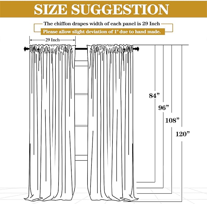 DUOBAO Yellow Chiffon Backdrop Curtains 108 Inches 2 Panels 29 Inch Width Backdrops Drape Semi Sheer Curtain 108 Long Beach Drapes for Living Room Voile Background for Wedding Ceremony