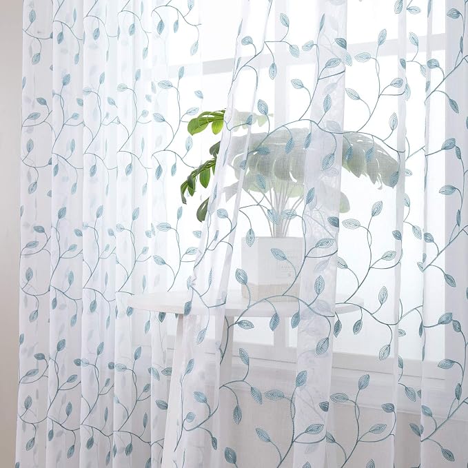 Tollpiz Leaves Sheer Curtain Teal Blue Leaf Embroidery Living Room Curtains Rod - Image 2