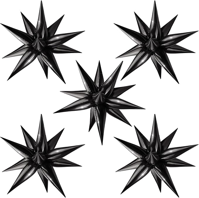 Black Star Foil Balloon 12 Point Cone Explosion Star Foil Balloon | 60 Pcs by Moukiween