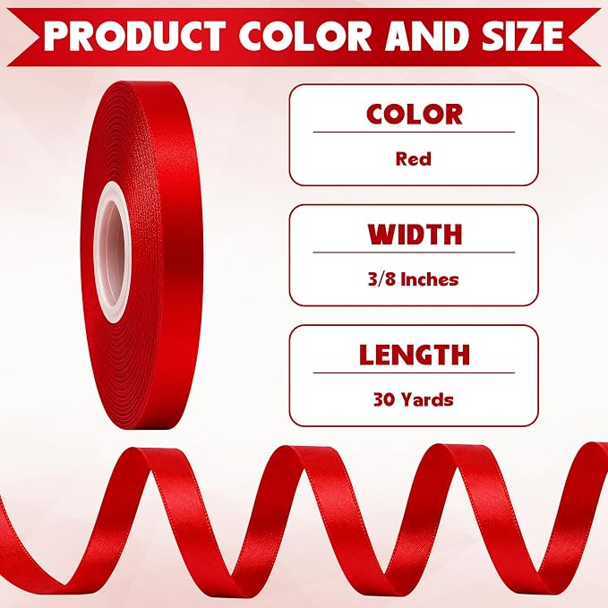 30Yards Thin Red Ribbon 3/8In for Gift Wrapping Wedding Christmas Decor | Silky - Image 2