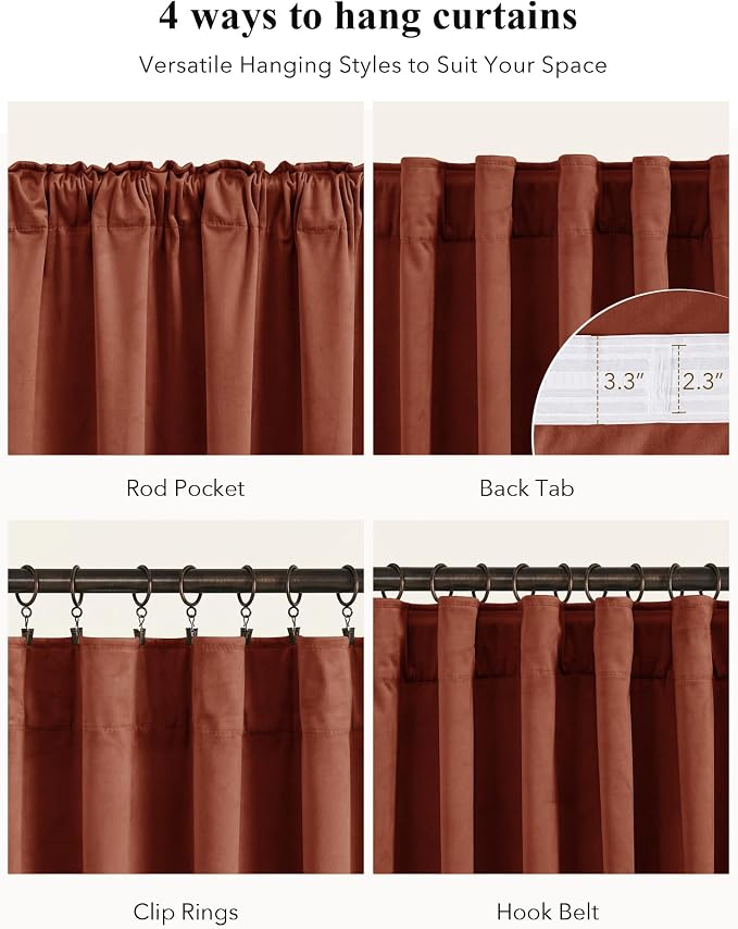 Rust Red Velvet Curtains for Christmas Decor, W52 x L90, 2 Panels | Back Tab - Image 2