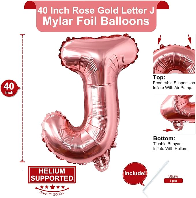 Lovoir 40 Inch Large Rose Gold Letter J Balloons Big Size Jumbo Mylar Foil - Image 2