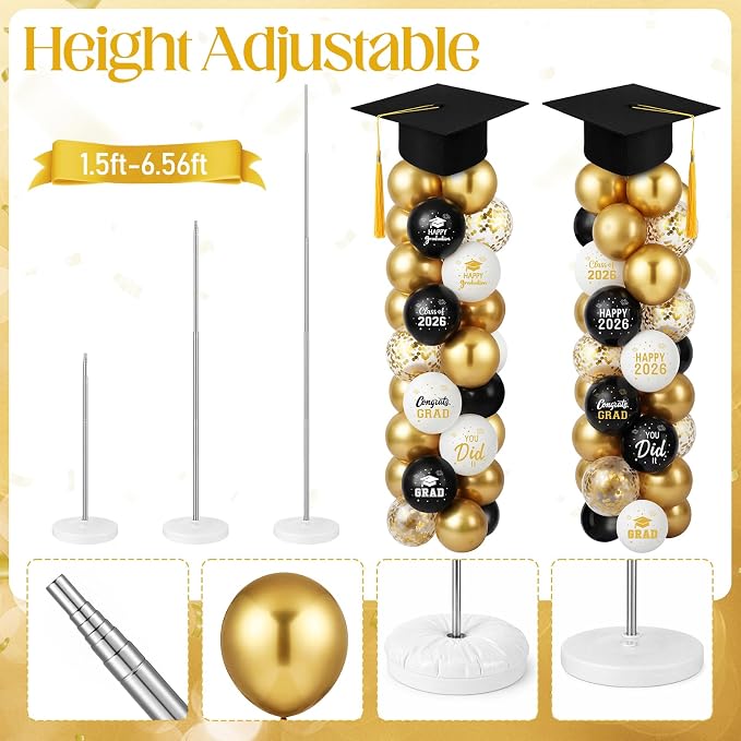 Thenshop 2 Sets Graduation Balloon Column Stand Kit 2026- Black Gold Balloon - Image 3