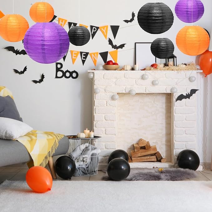 21Pcs Halloween Paper Lanterns, 4-10in Orange Black Purple, Hanging Decor | - Image 7