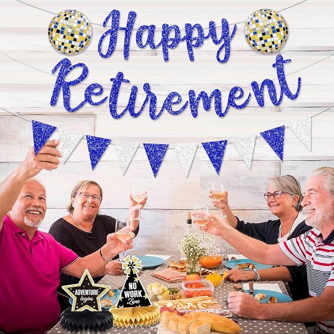 Pre Strung Happy Retirement Banner Party Decorations | Blue Glitter Sign Bunting - Image 4