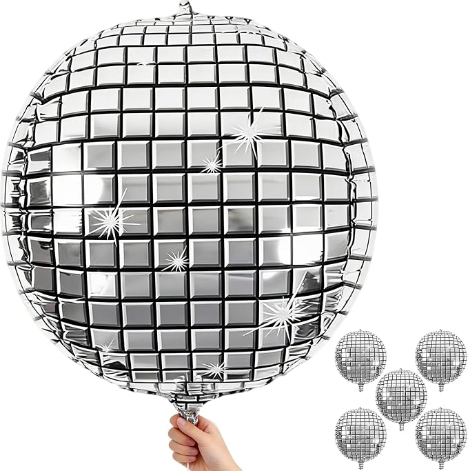 Disco Ball Balloons 32 Inch 5 Pcs 4D Ball Balloons Metallic Silver Disco Mylar by Froova