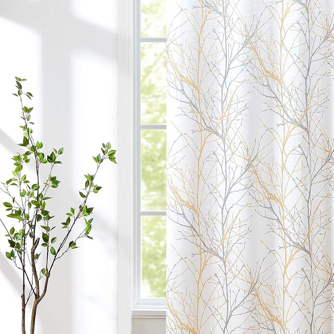 FMFUNCTEX Linen Yellow White Semi Sheer Patio Curtains 84 Inch Long 1 Panel | - Image 8