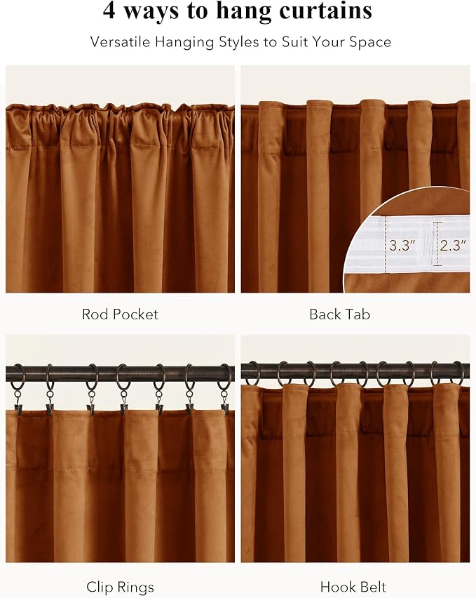 Burnt Orange Velvet Curtains Back Tab Extra Long, Window Back Tab Pinch Pleat - Image 2