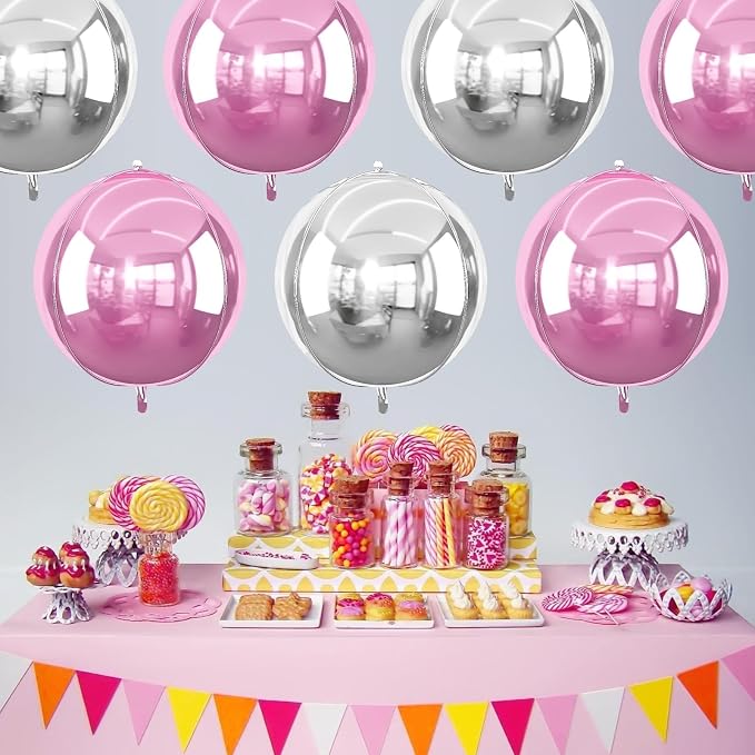 6Pcs Pink Silver Round Foil Balloons, 22inch 4D Metallic Silver Pink Balloons - Image 5