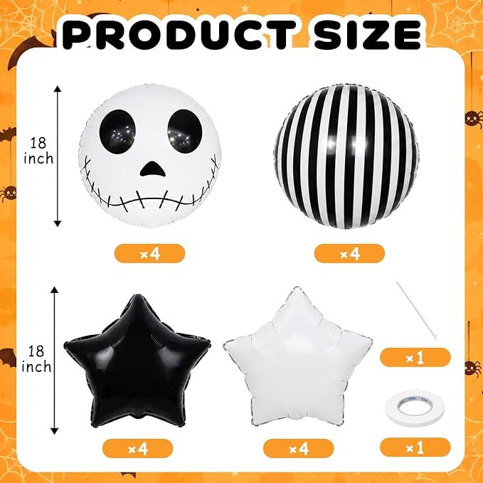 HILAVO 16PCS Black White Striped Skeletons Skull Balloons | Halloween Foil - Image 2