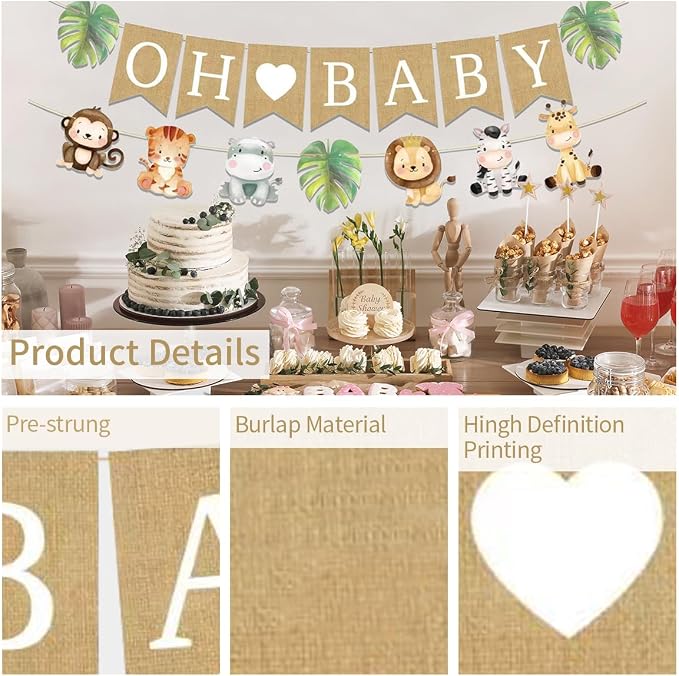 Weecent Pre-Strung 6ft Oh Baby Banner Safari Baby Shower Decorations | Burlap - Image 4