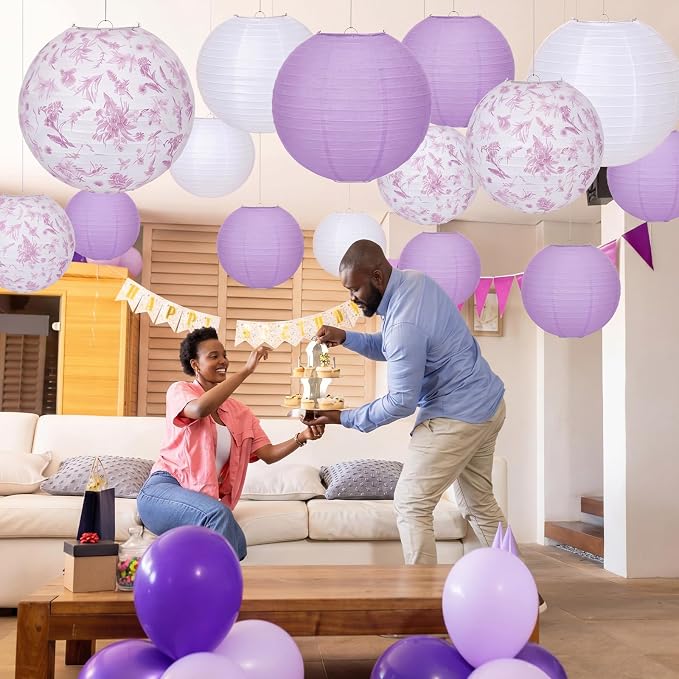 Riakrum 18 Pcs Floral Paper Lantern Set 10" 8" Purple and White Round Lantern - Image 6